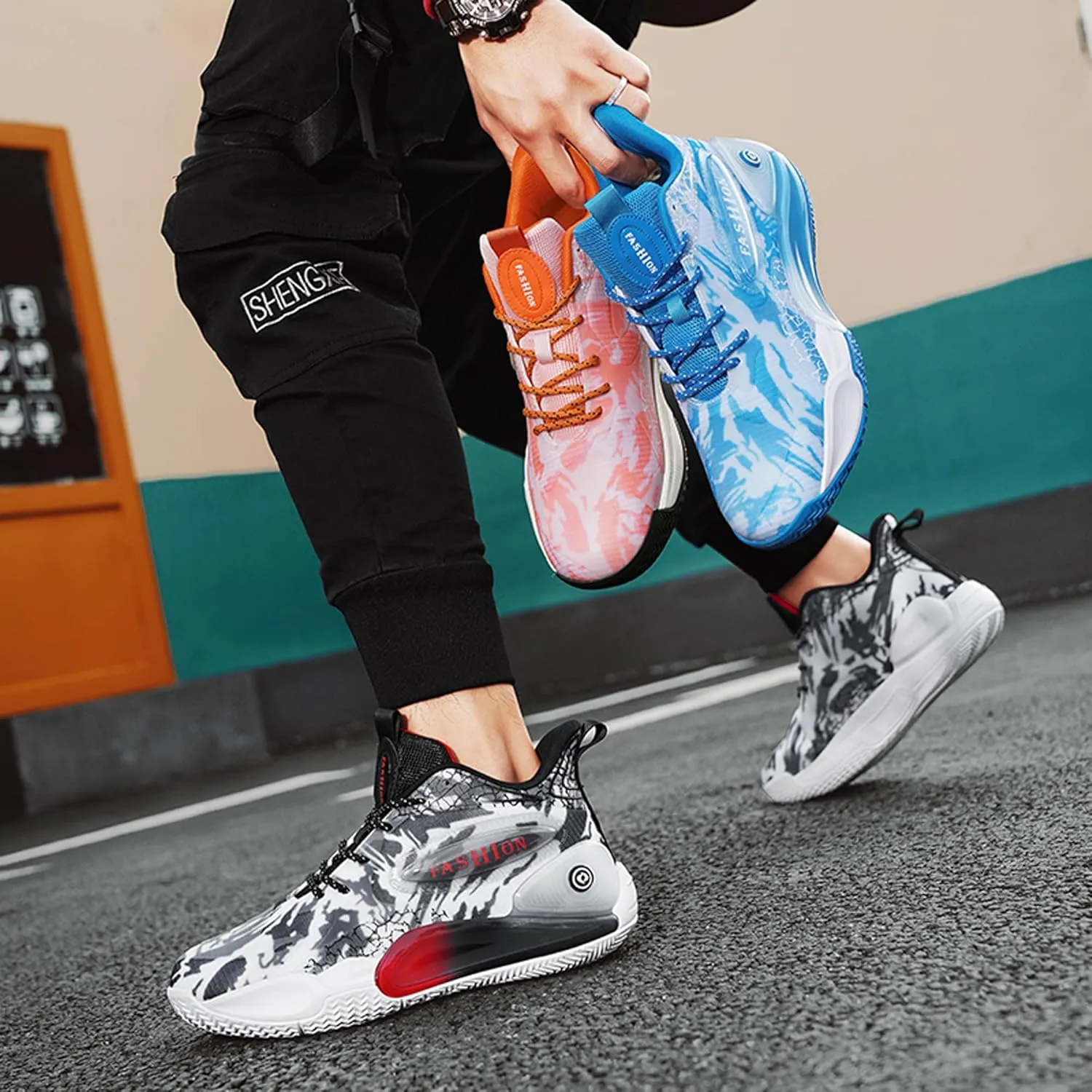 Men's Women's Multi-Color Graffiti Mesh Lightweight Anti Slip Arch Support Casual Training Sports Basketball Shoes, Comfortable Wide Version Road Running Shoes, Street Youth Team Athletic Shoes